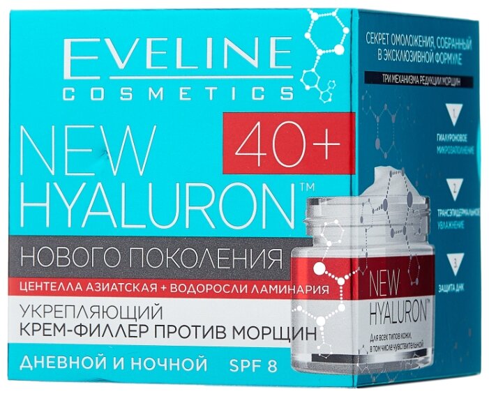 Крем косметика отзывы. Eveline Cosmetics New Hyaluron. Крем Eveline Cosmetics New Hyaluron 40+ 50 мл. Eveline Cosmetics New Hyaluron 30+. Eveline крем для лица New Hyaluron 40+ филлер укрепляющий против морщин,.