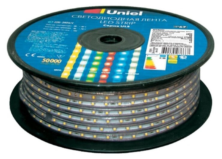 Светодиодная лента Uniel ULS-2835-60LED/m-10mm-IP67-220V-8W/m-50M-YELLOW, 50 м Светодиодная лента Uniel ULS-2835-60LED/m-10mm-IP67-220V-8W/m-50M-YELLOW, 50 м